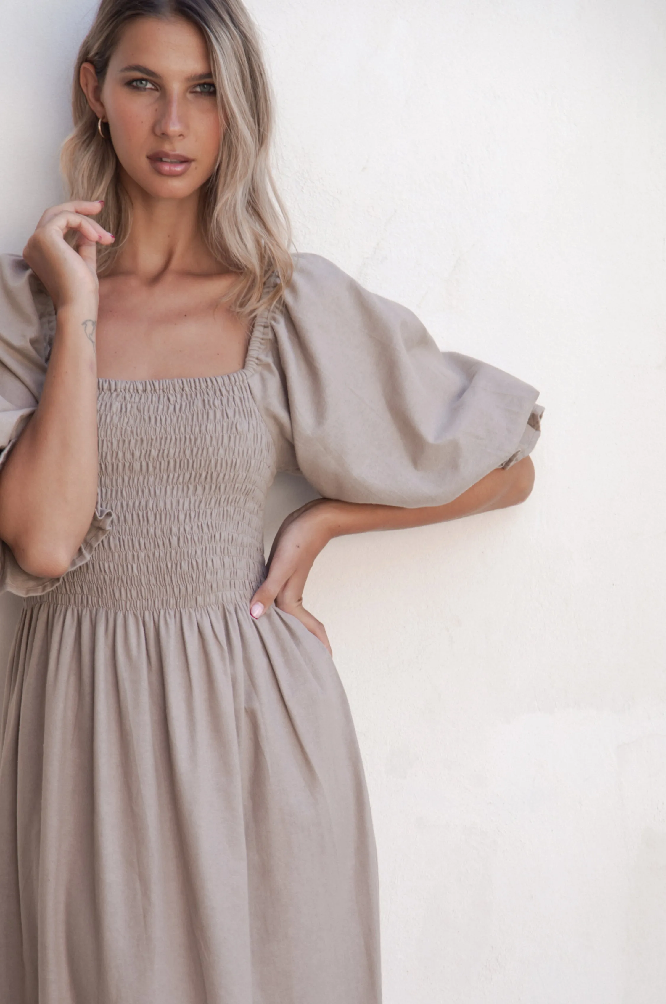 Almeria Smocked Midi Linen Dress