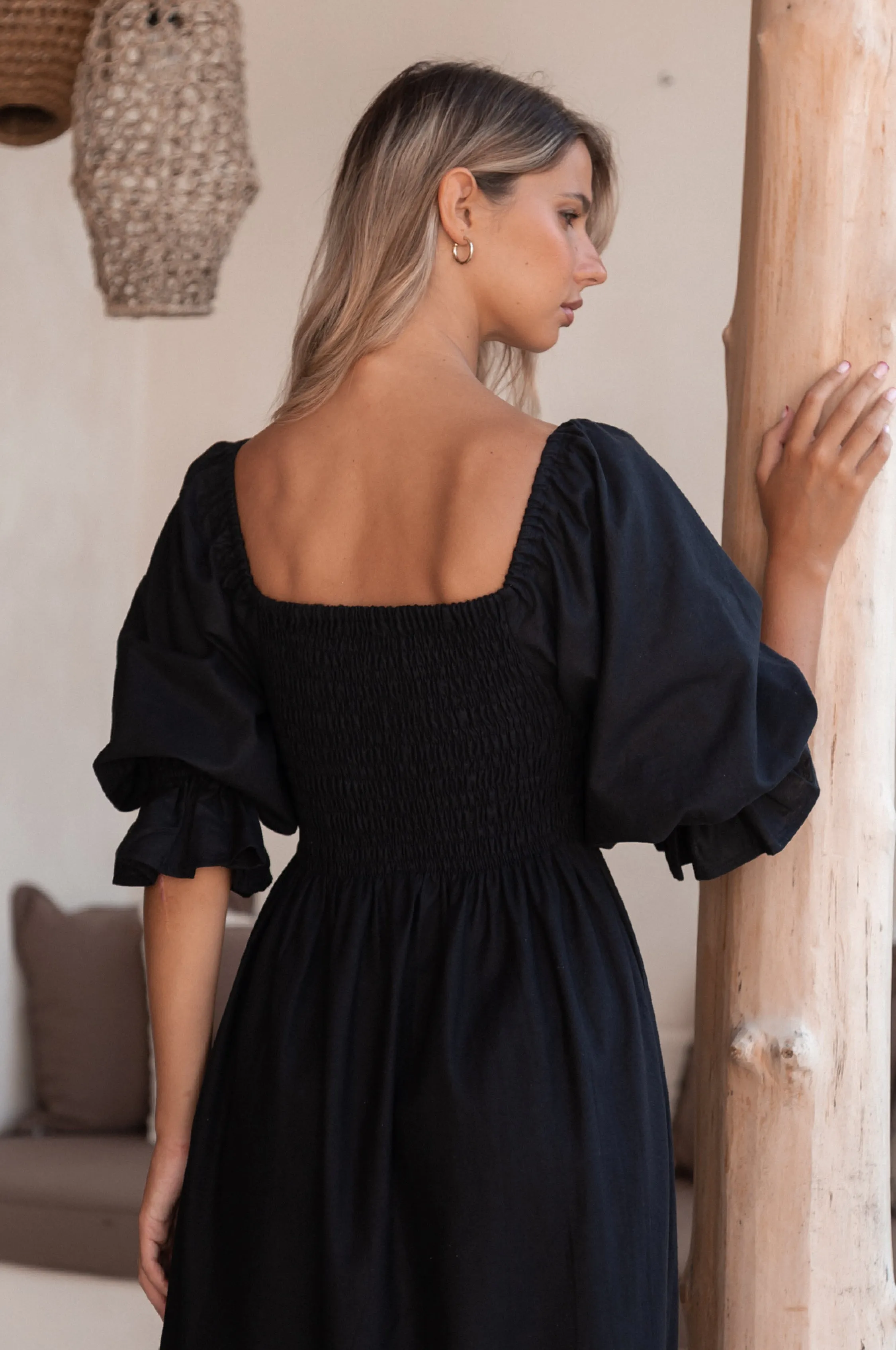 Almeria Smocked Midi Linen Dress