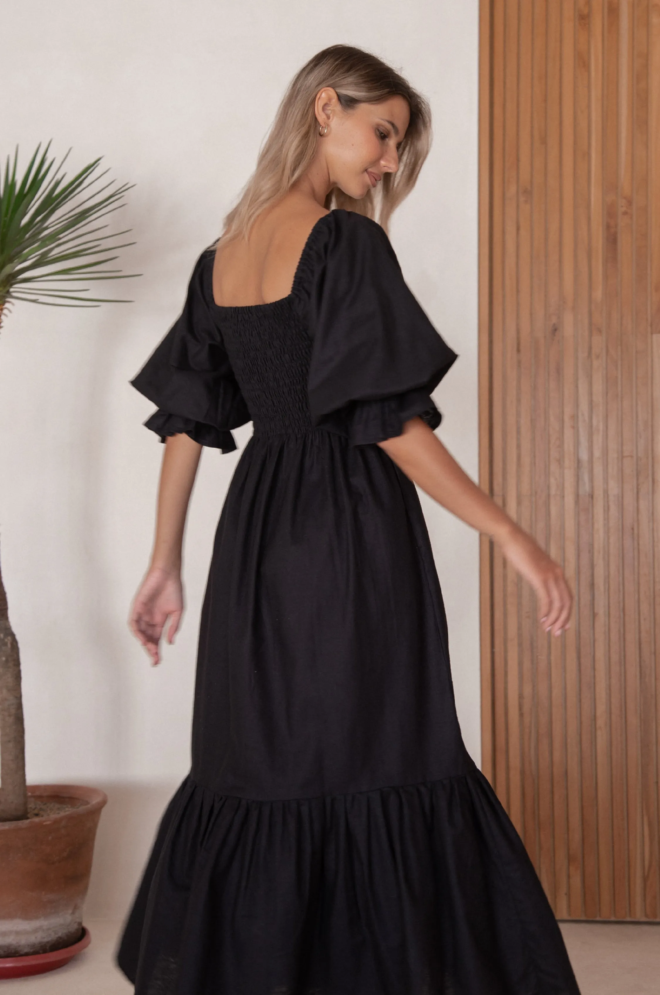 Almeria Smocked Midi Linen Dress