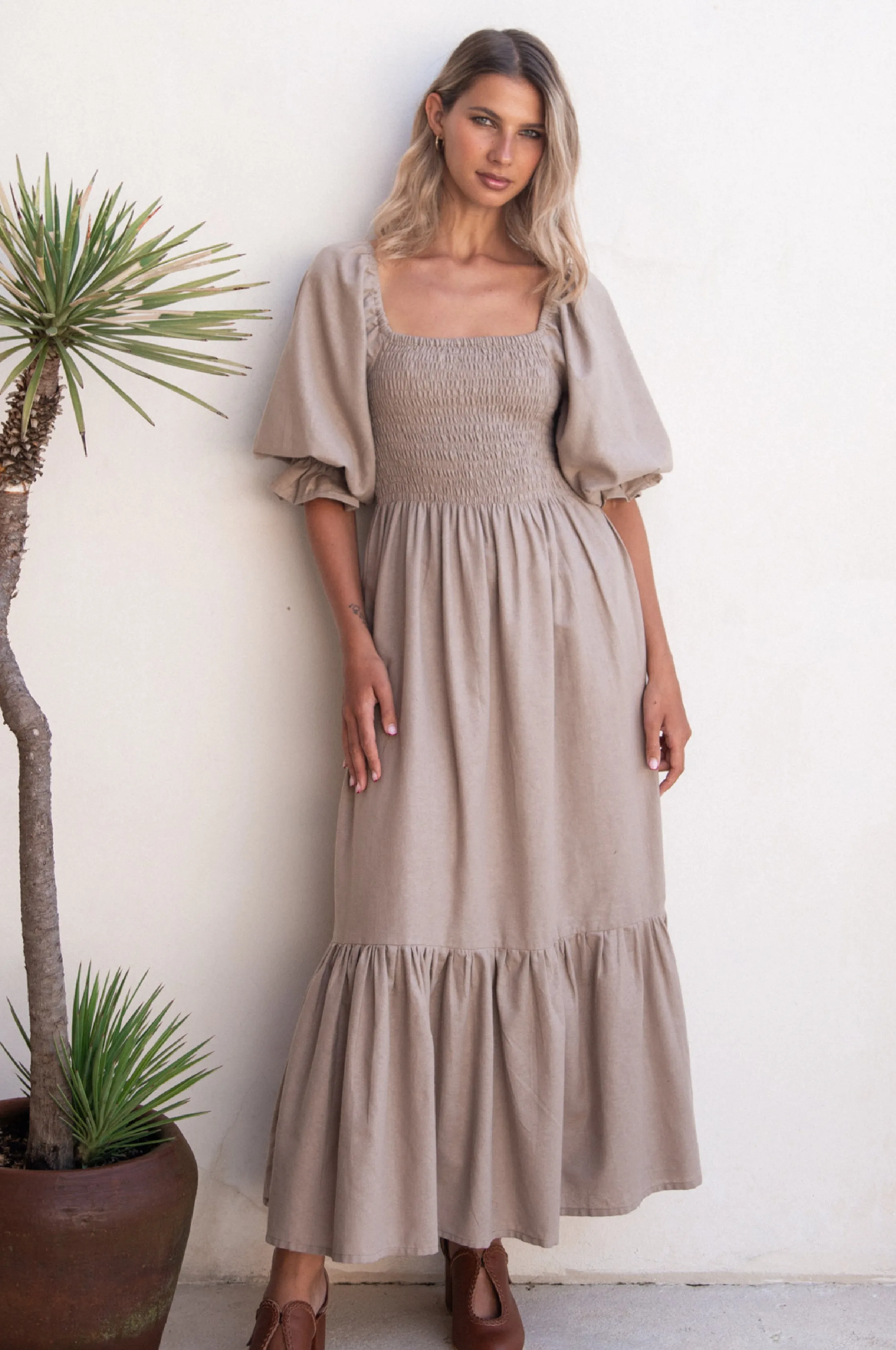 Almeria Smocked Midi Linen Dress