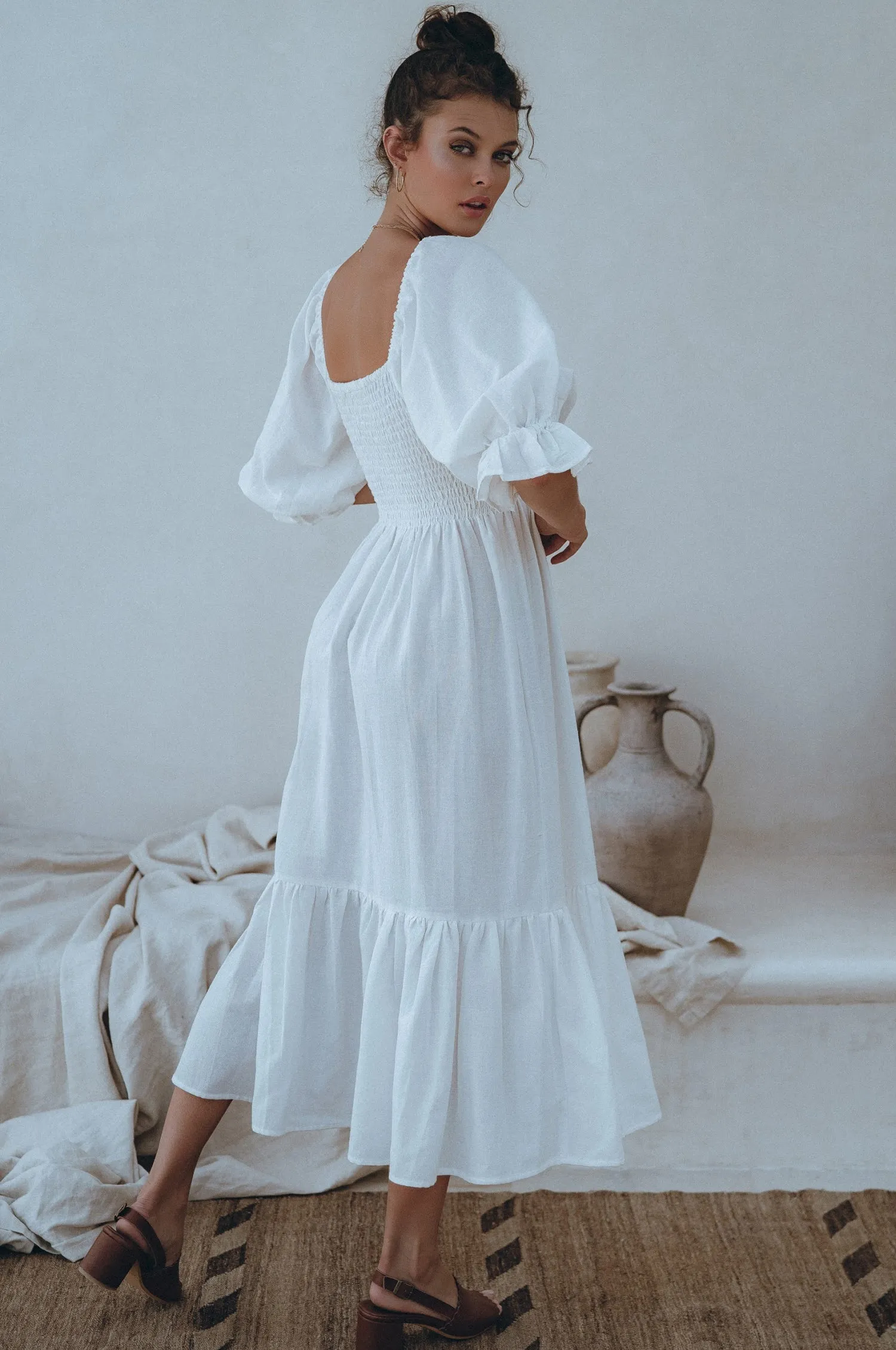 Almeria Smocked Midi Linen Dress