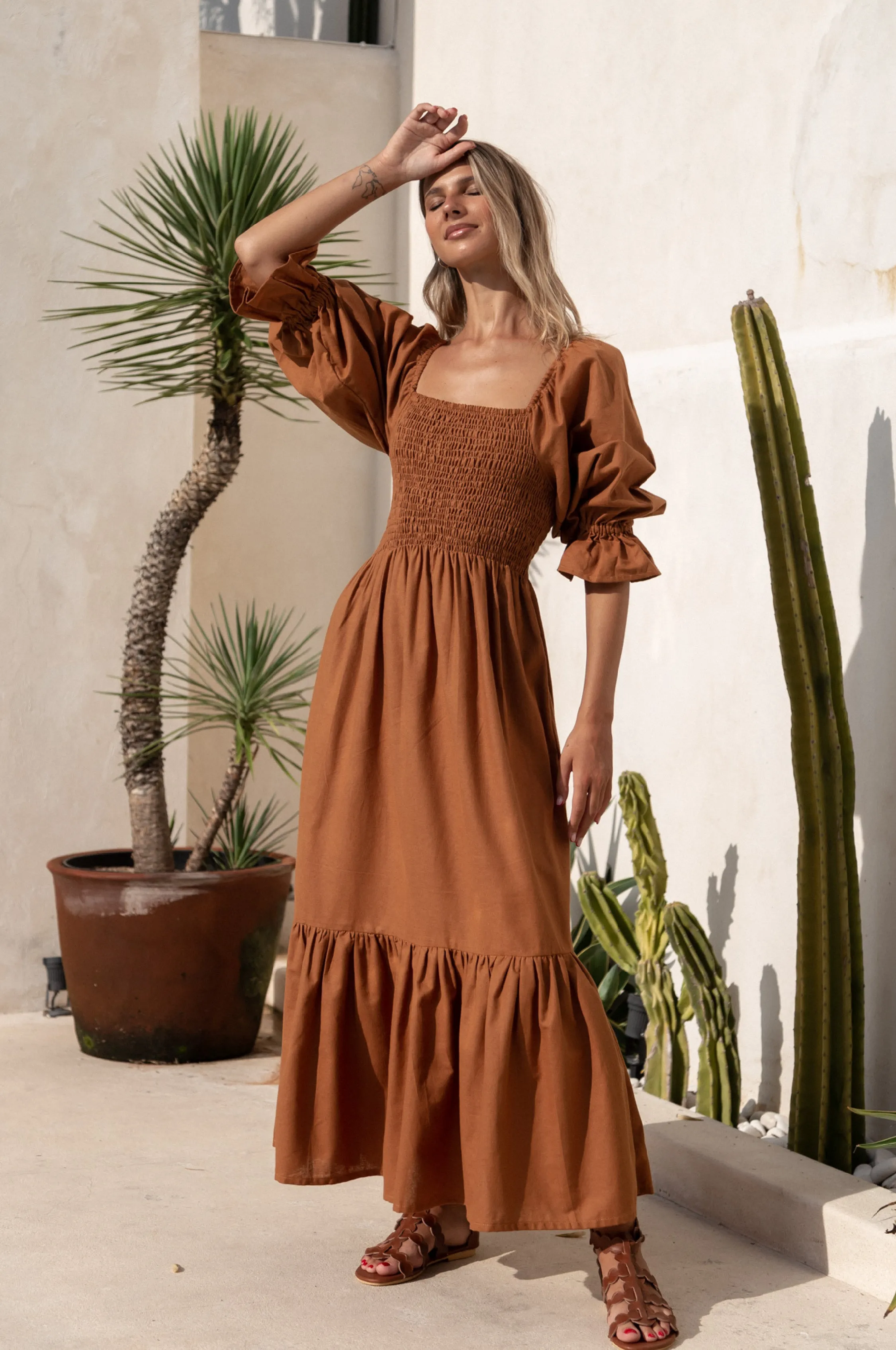 Almeria Smocked Midi Linen Dress