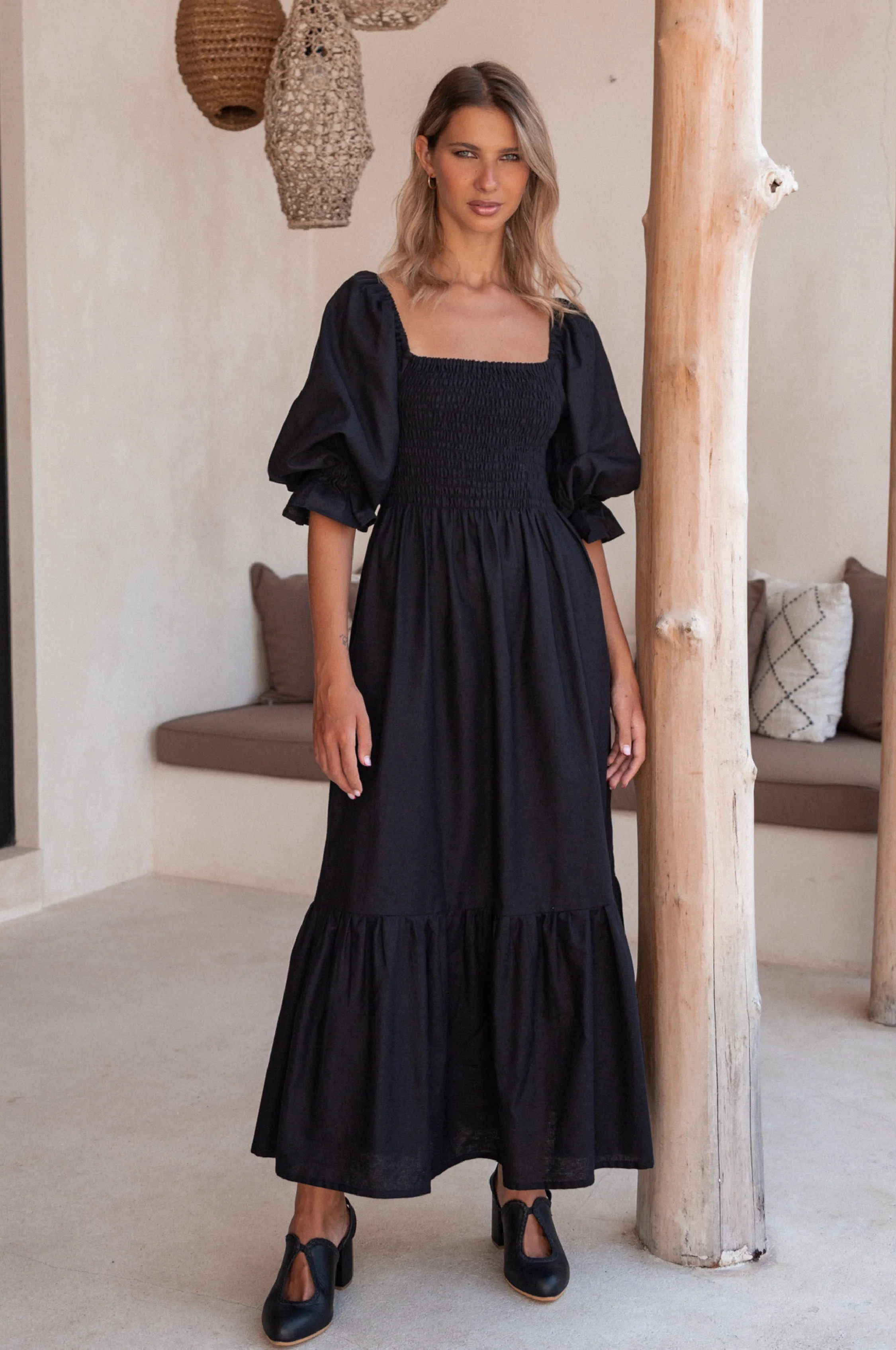Almeria Smocked Midi Linen Dress