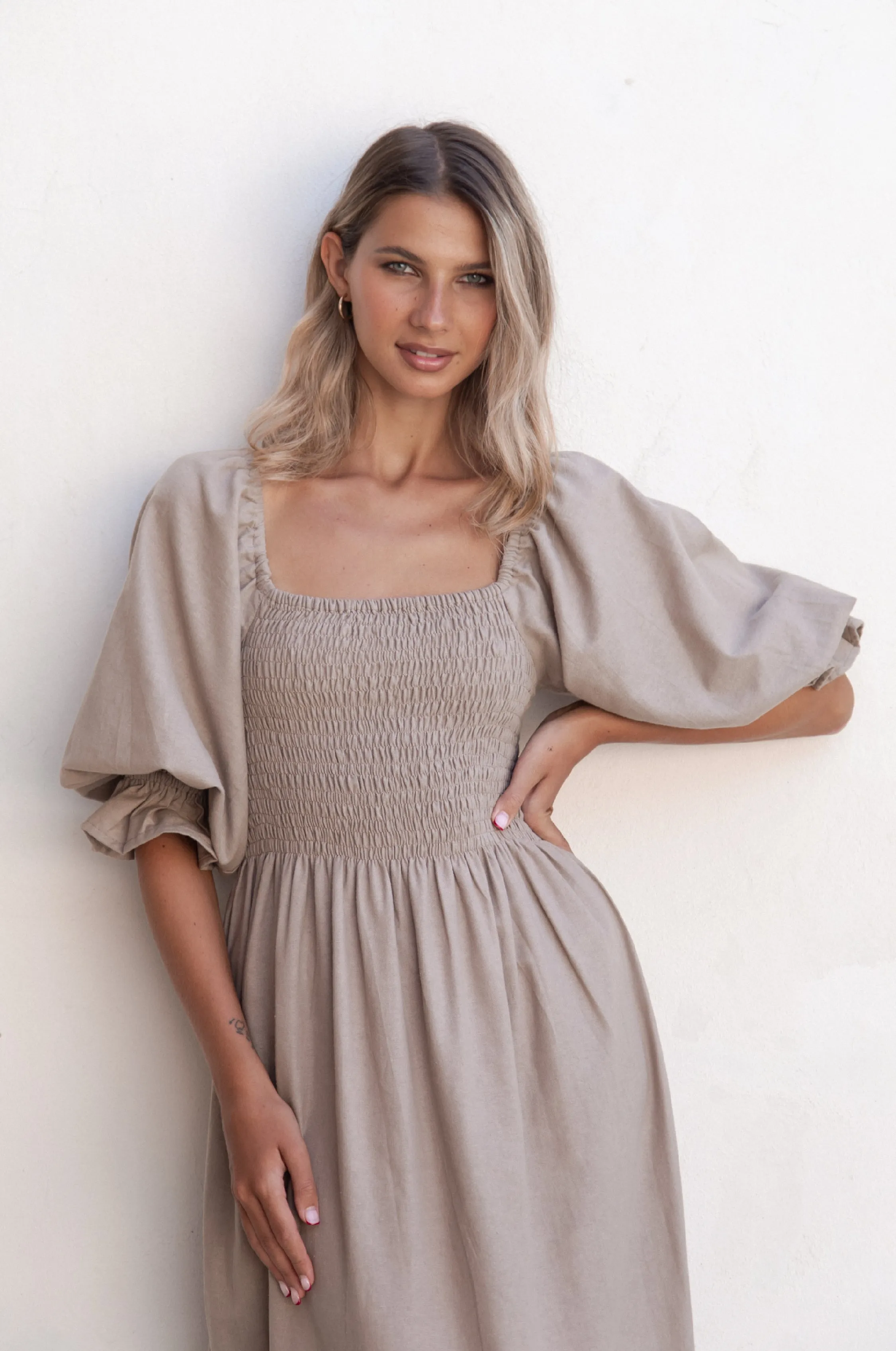 Almeria Smocked Midi Linen Dress