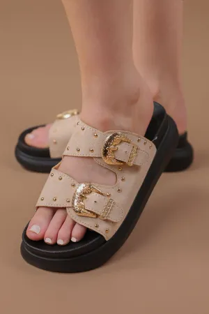 Beige Suede Chunky Studded Buckle Sandals