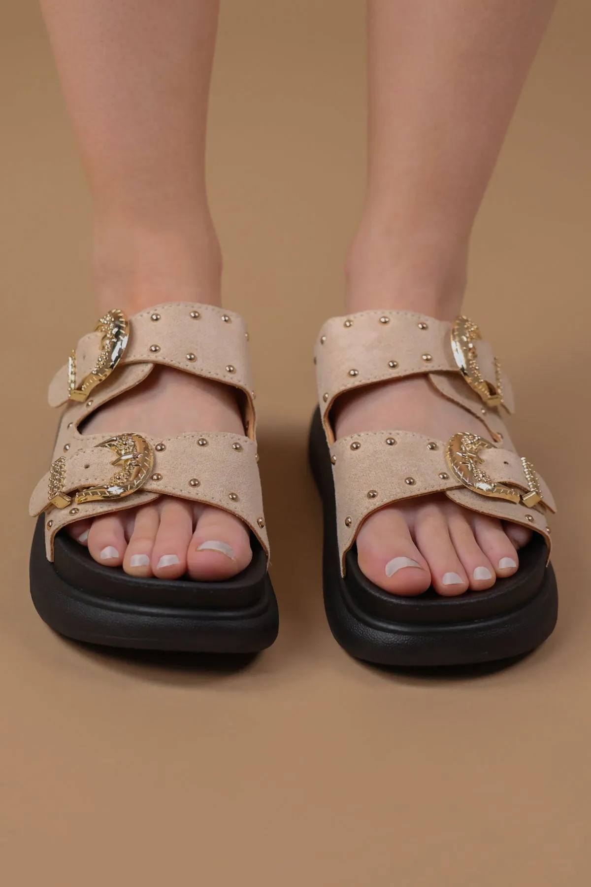 Beige Suede Chunky Studded Buckle Sandals