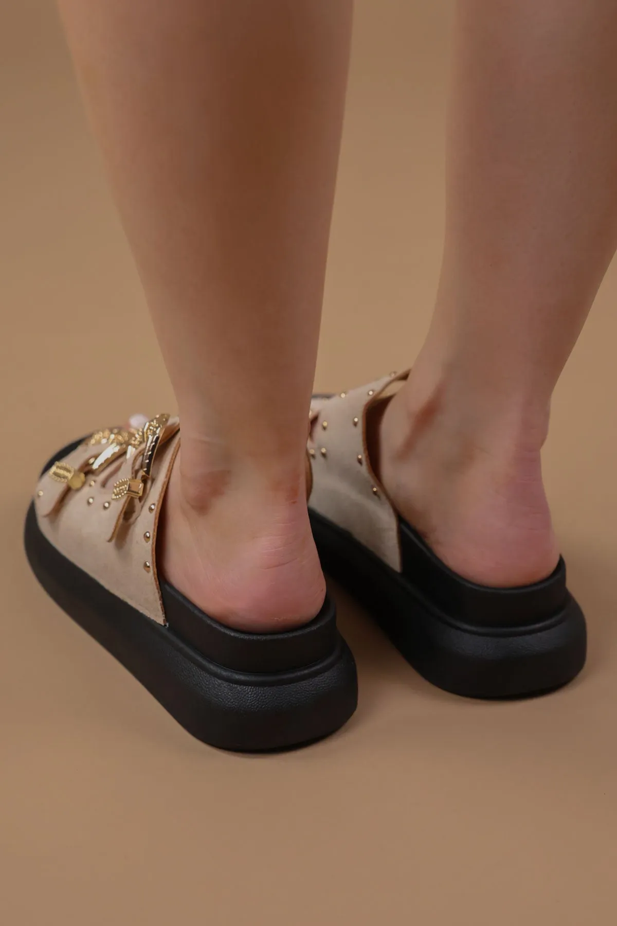 Beige Suede Chunky Studded Buckle Sandals