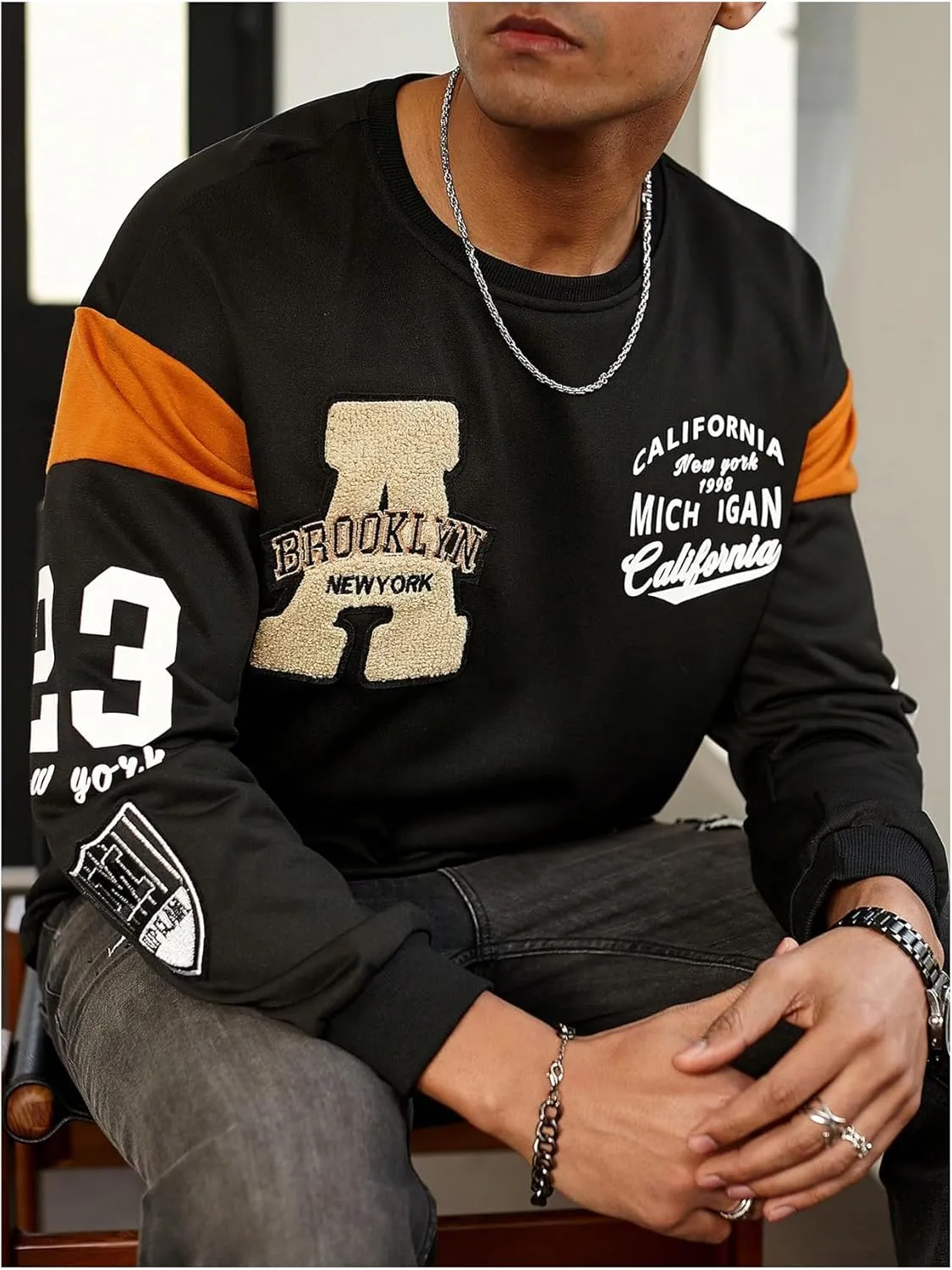 GORGLITTER Men's Drop Shoulder Graphic Raglan T-Shirt Casual Long Sleeve Round Neck Colorblock Streetwear Top