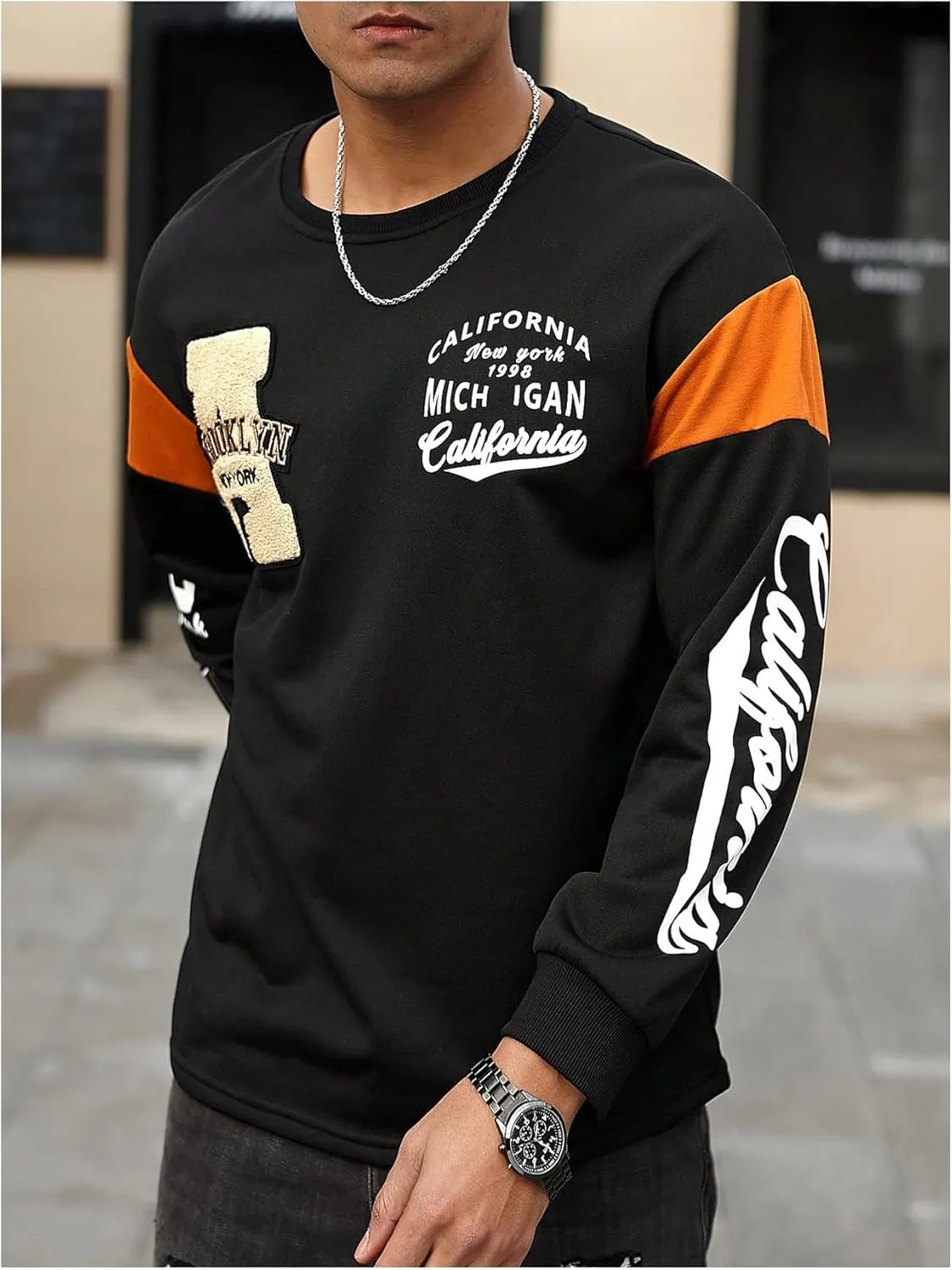 GORGLITTER Men's Drop Shoulder Graphic Raglan T-Shirt Casual Long Sleeve Round Neck Colorblock Streetwear Top