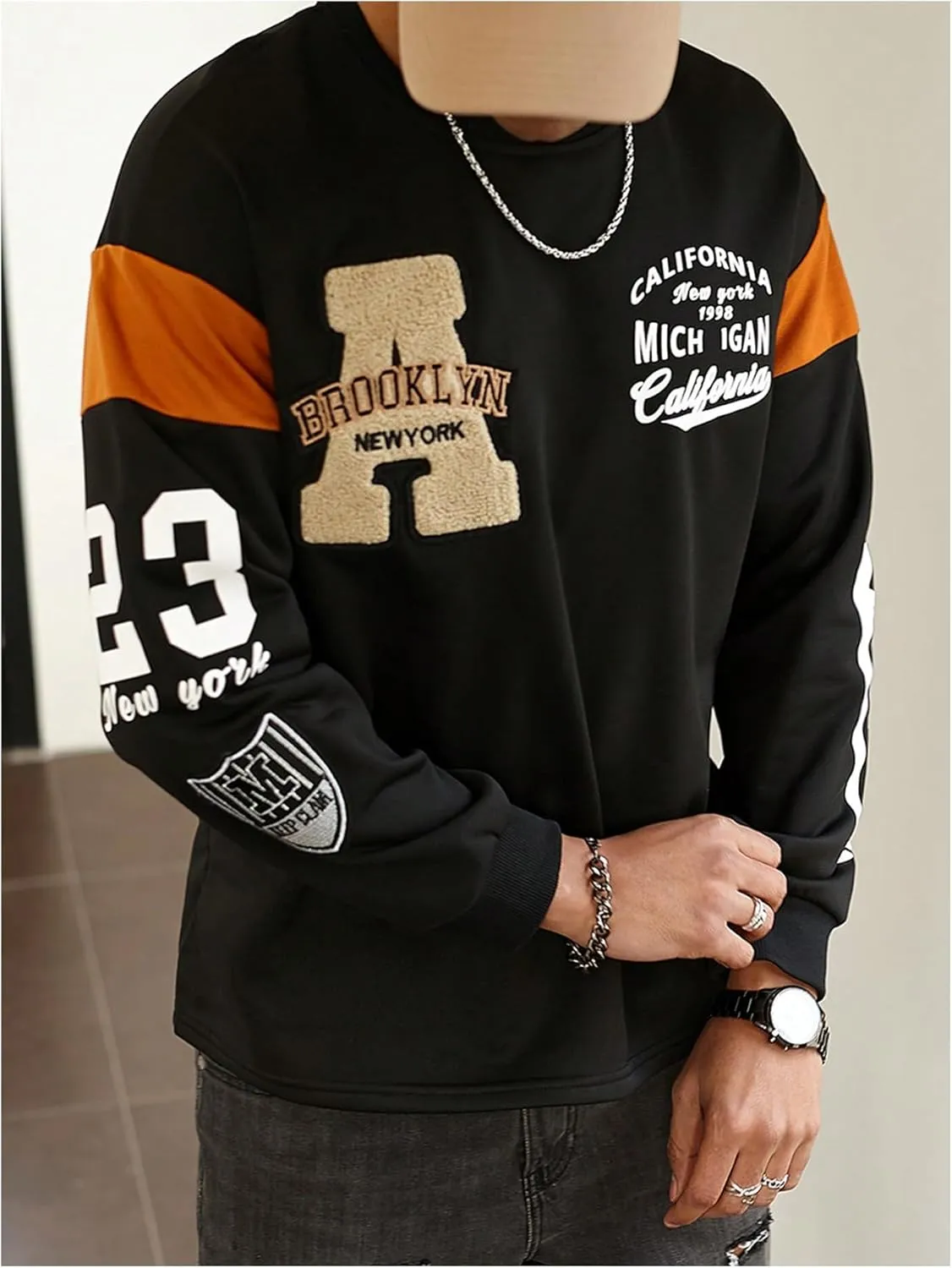 GORGLITTER Men's Drop Shoulder Graphic Raglan T-Shirt Casual Long Sleeve Round Neck Colorblock Streetwear Top