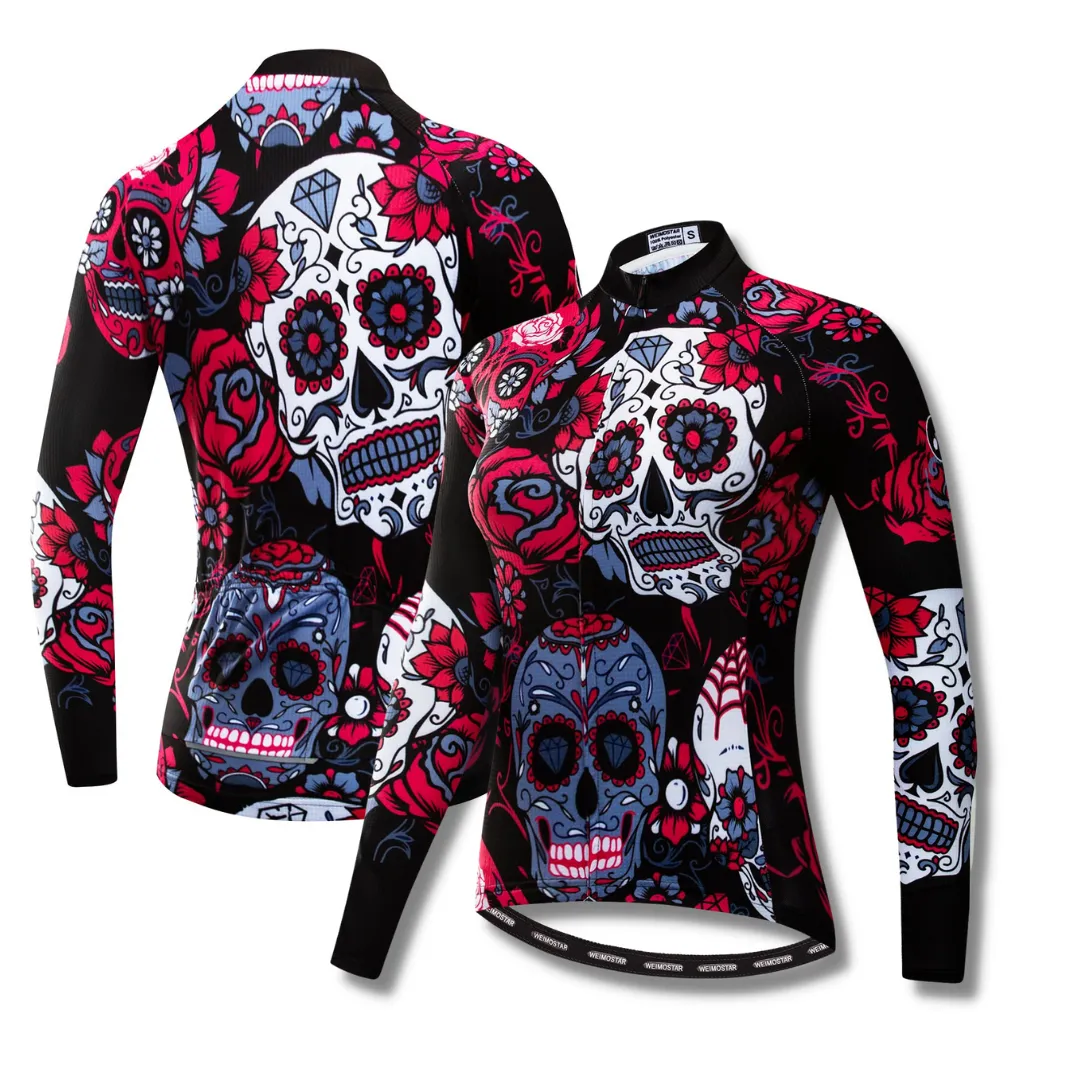 Pink Skull Flowers | Women's Long Sleeve Cycling Jersey