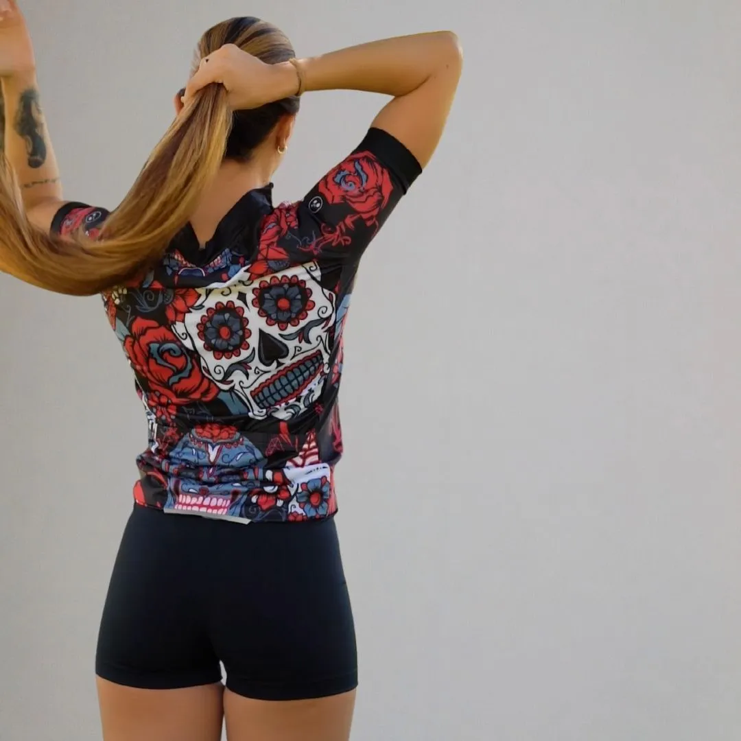Pink Skull Flowers | Women's Short Sleeve Cycling Jersey