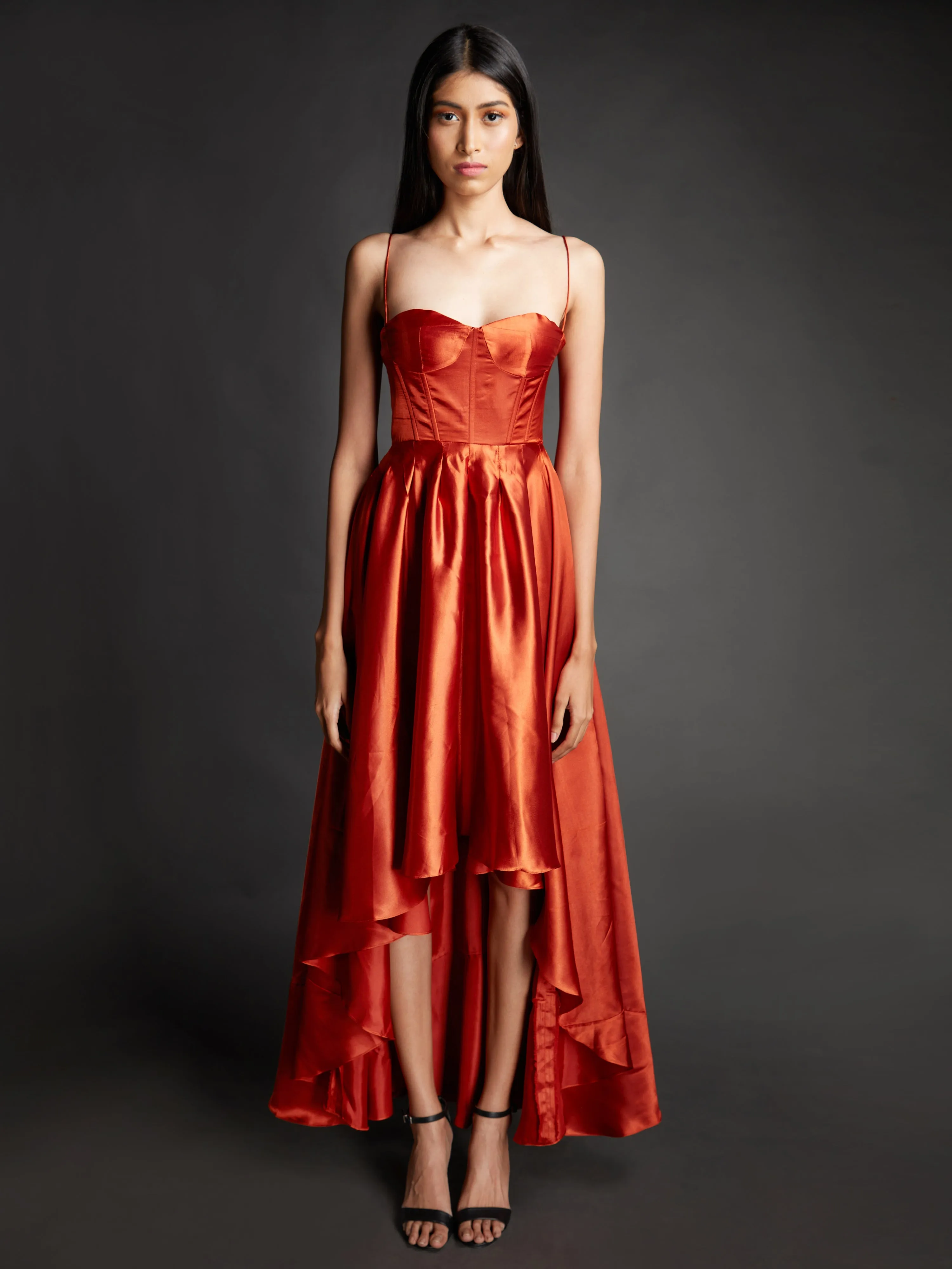Rust Solid Satin Gown Dress