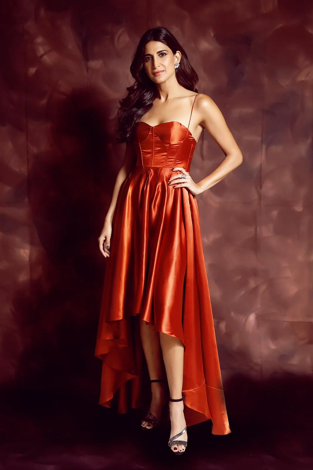 Rust Solid Satin Gown Dress