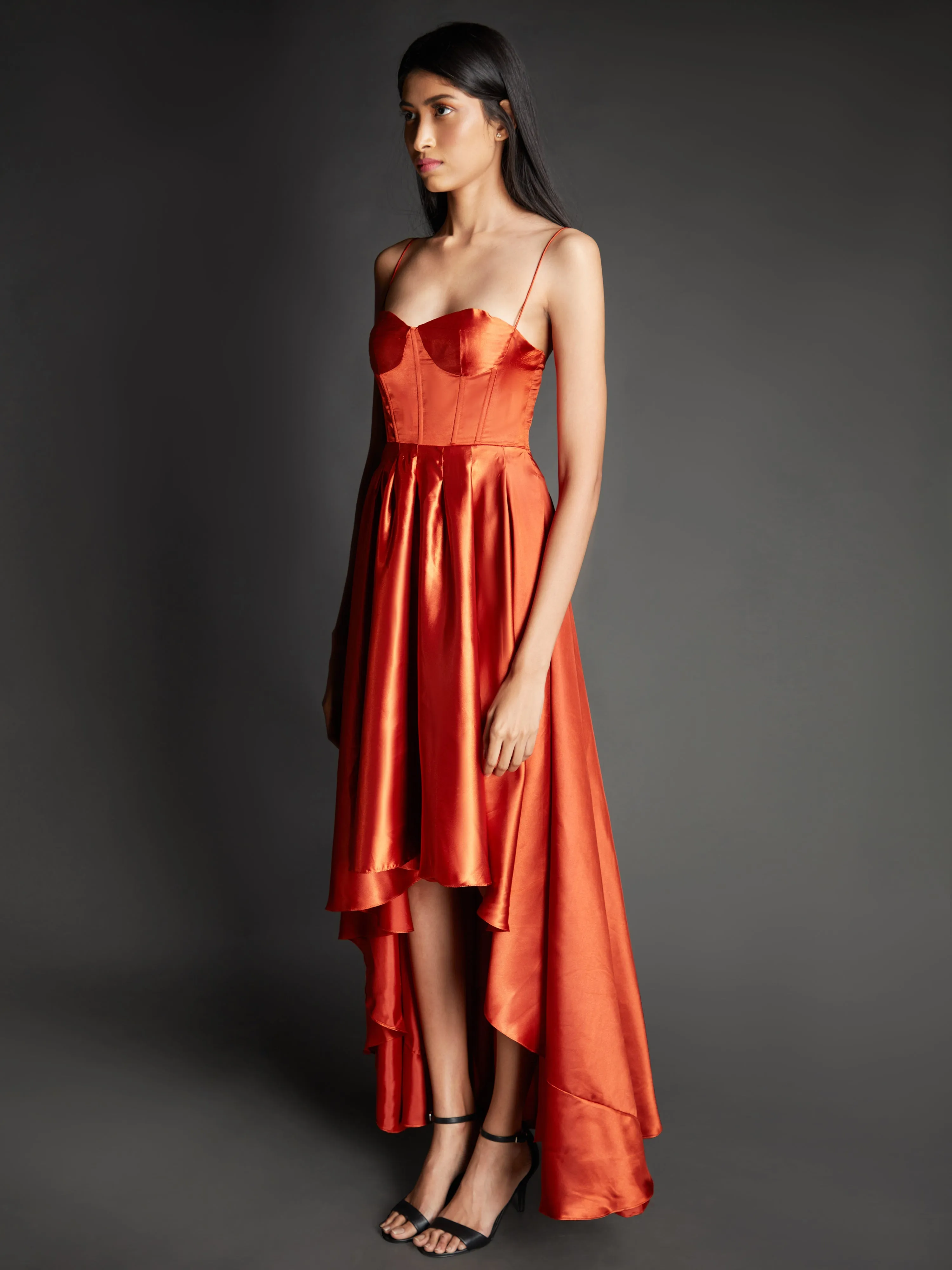 Rust Solid Satin Gown Dress