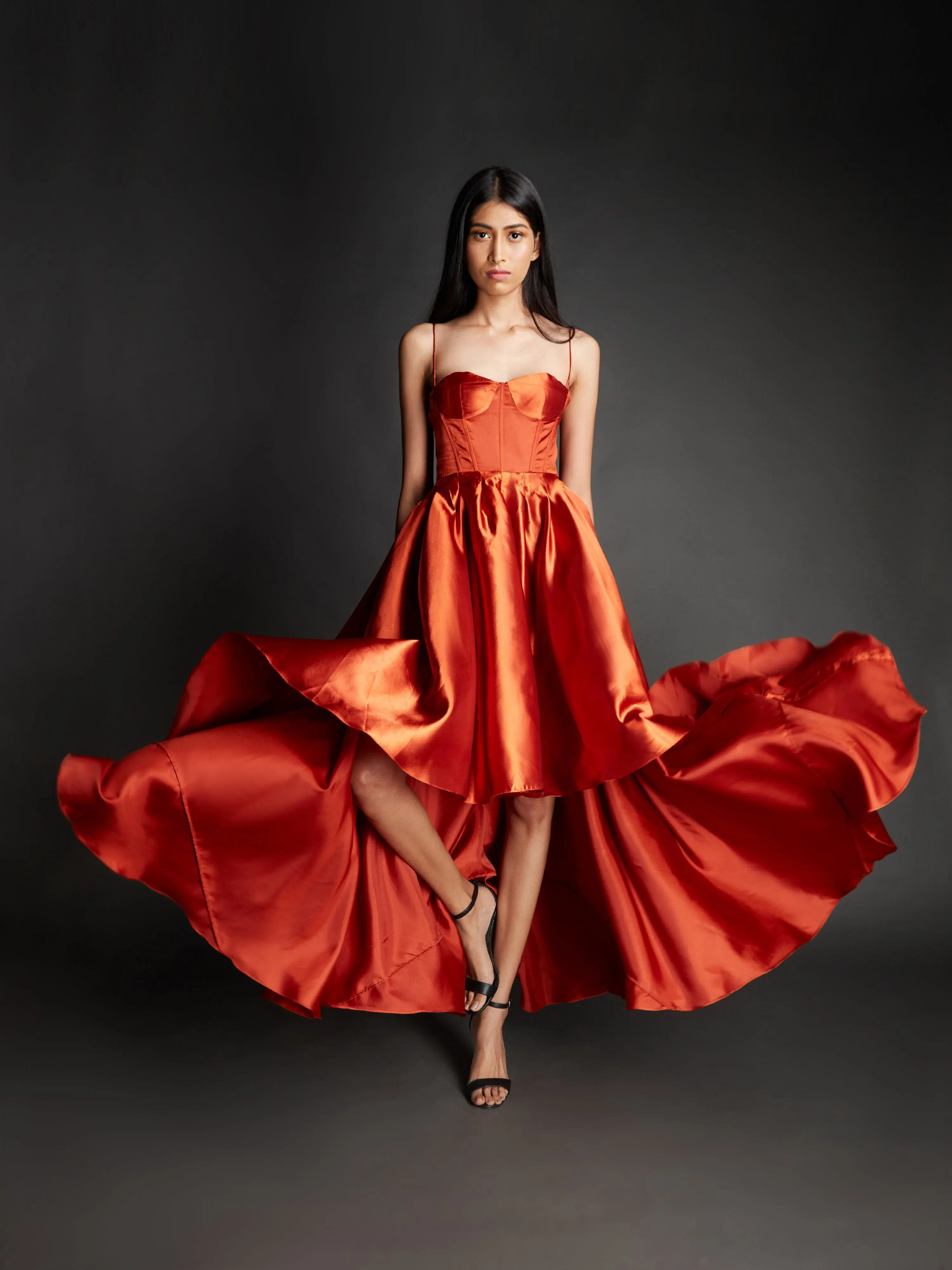 Rust Solid Satin Gown Dress