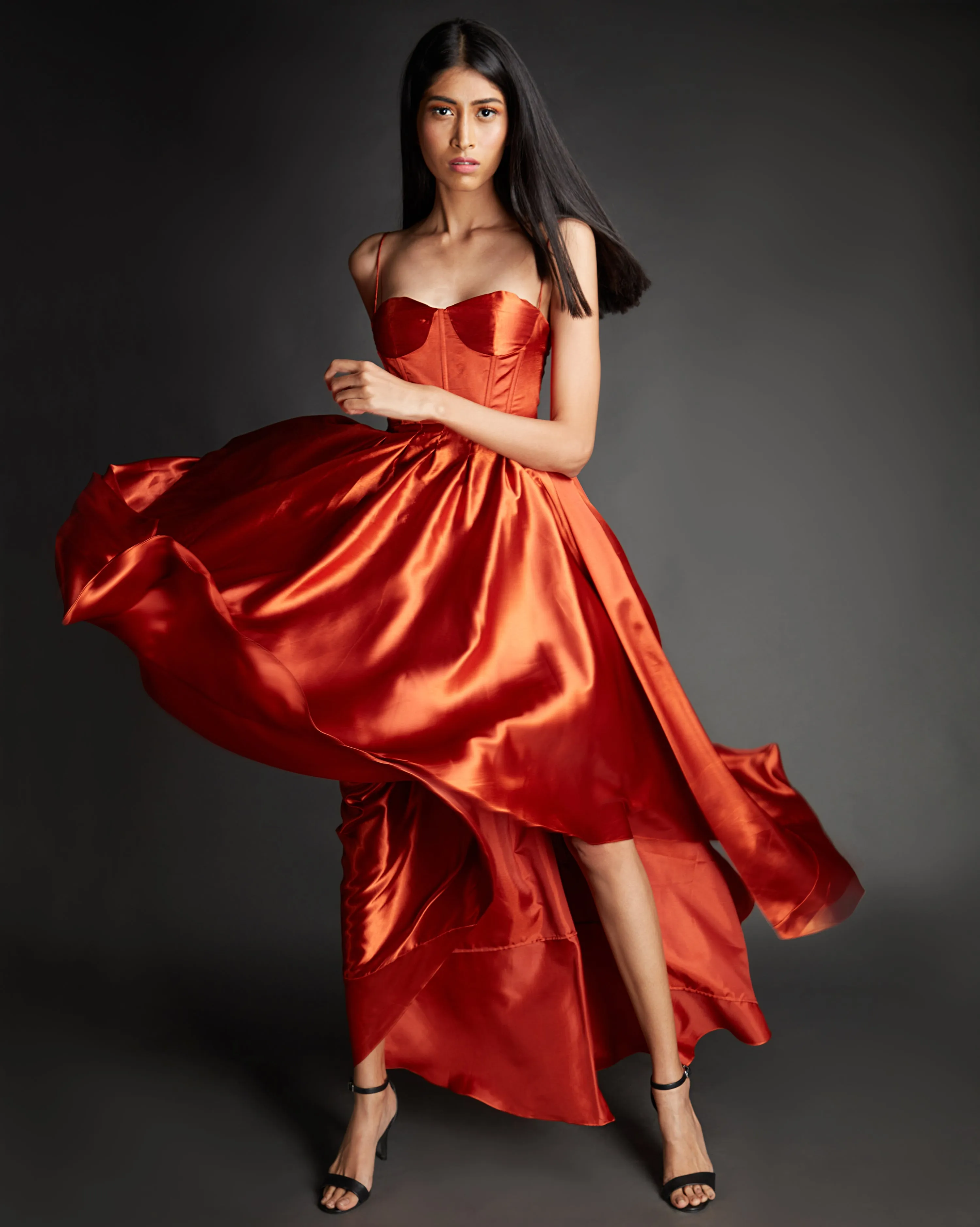 Rust Solid Satin Gown Dress