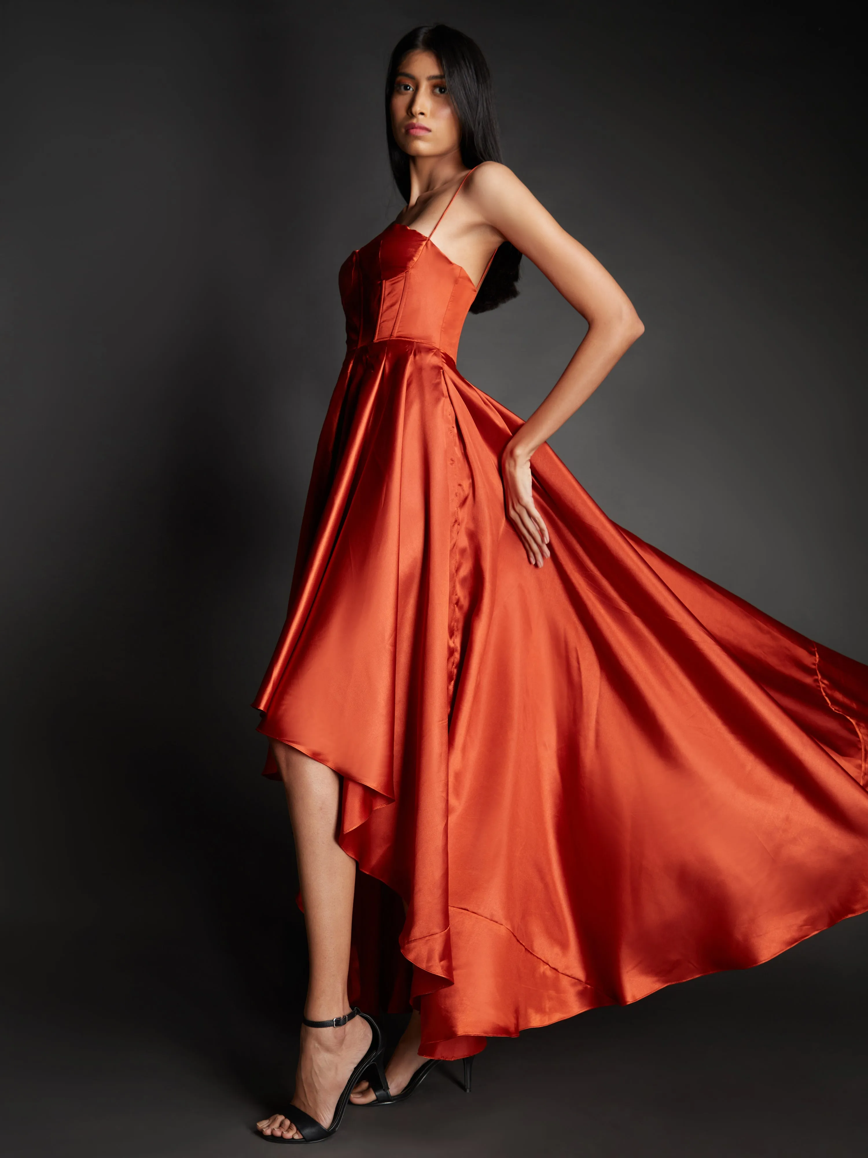 Rust Solid Satin Gown Dress