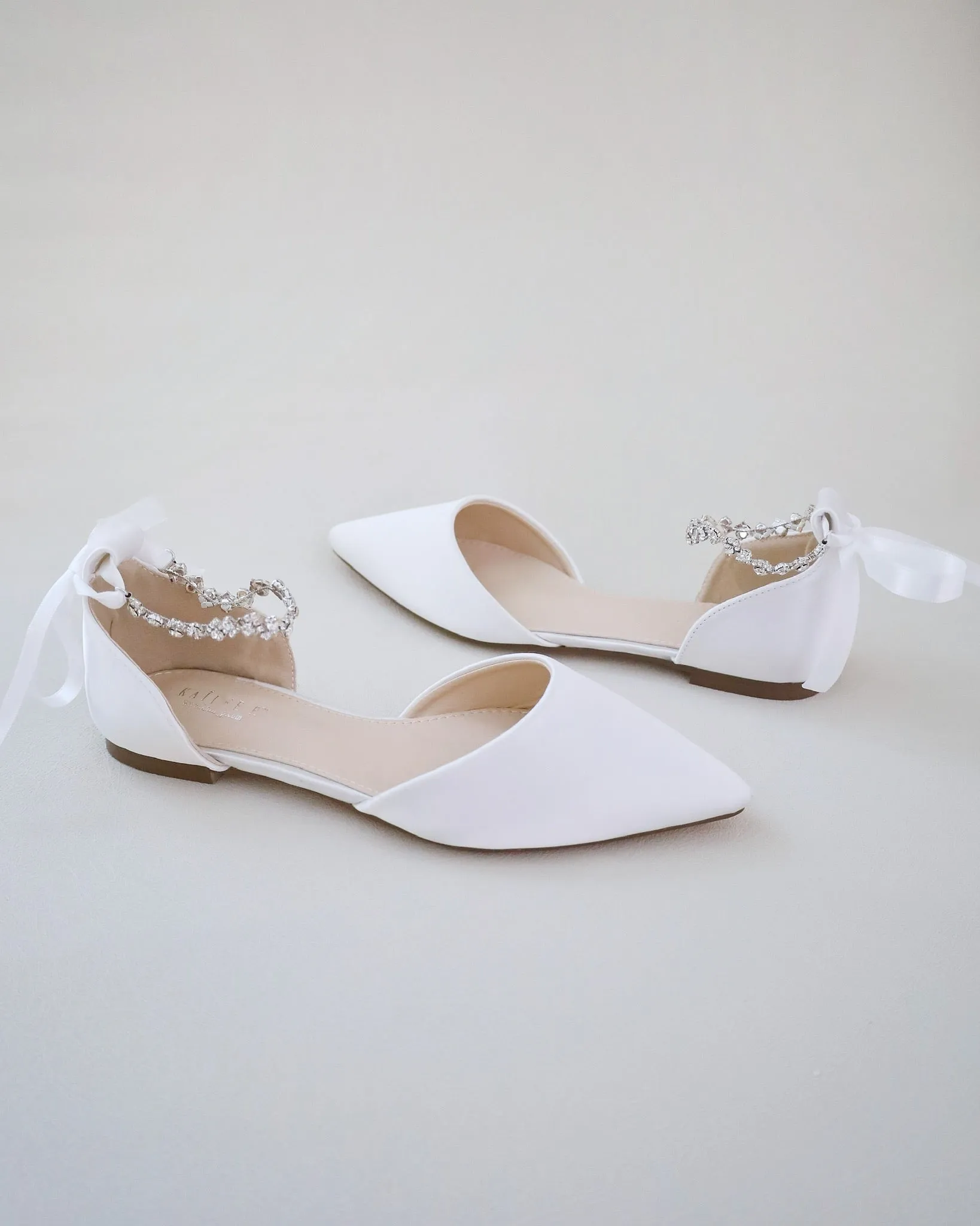 Satin Pointy Toe Wedding Flats with Amaryllis Strap