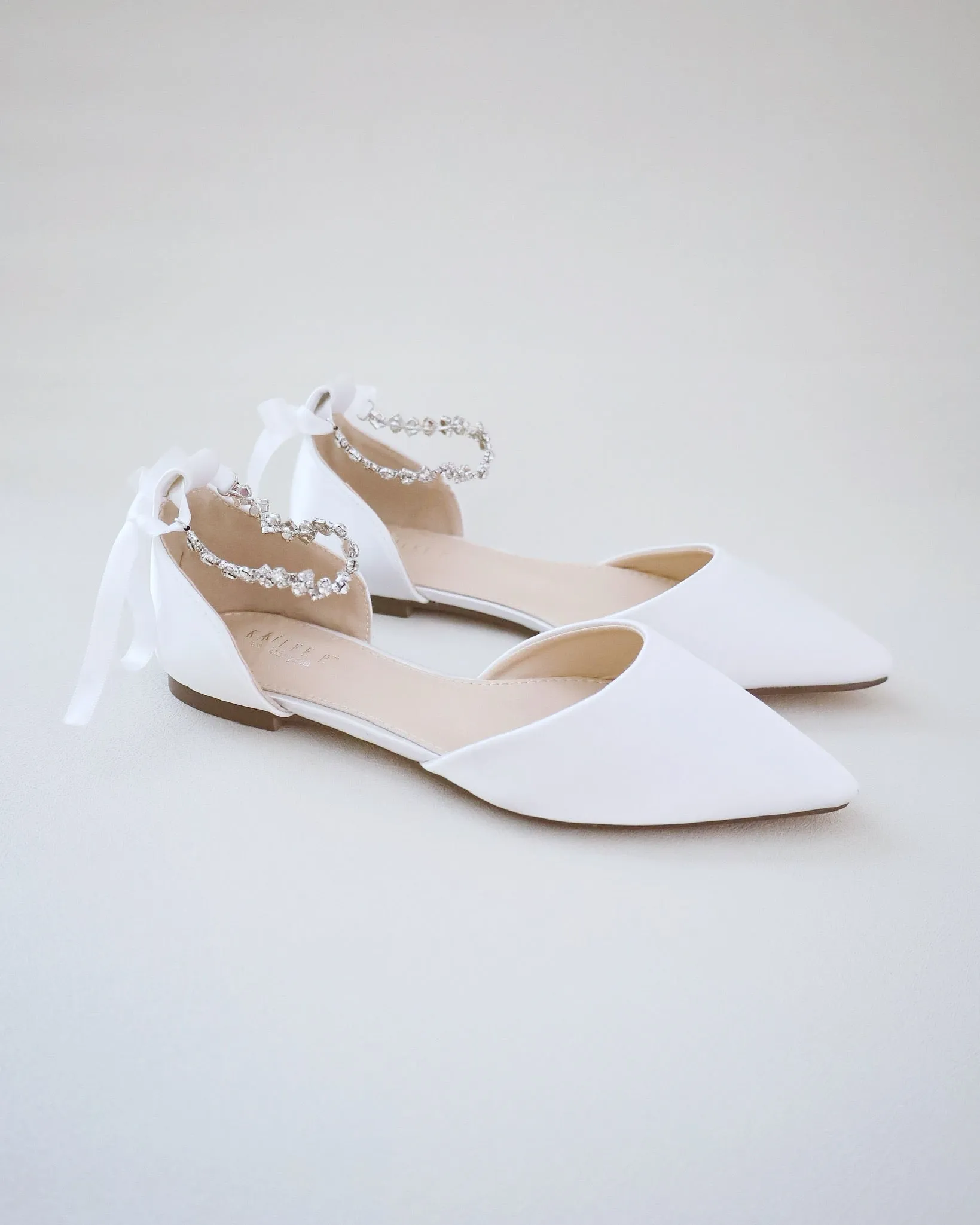 Satin Pointy Toe Wedding Flats with Amaryllis Strap