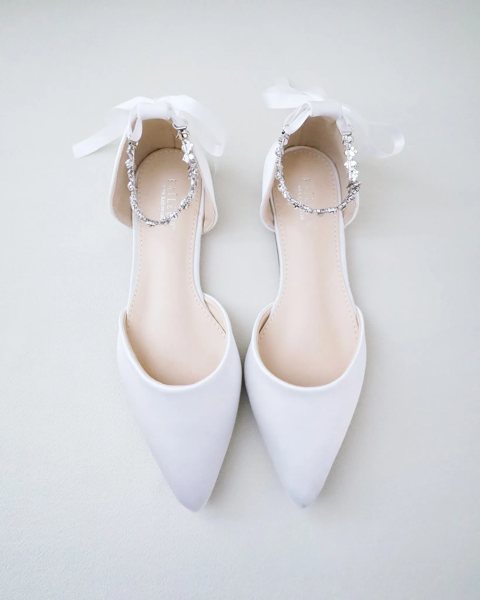 Satin Pointy Toe Wedding Flats with Amaryllis Strap