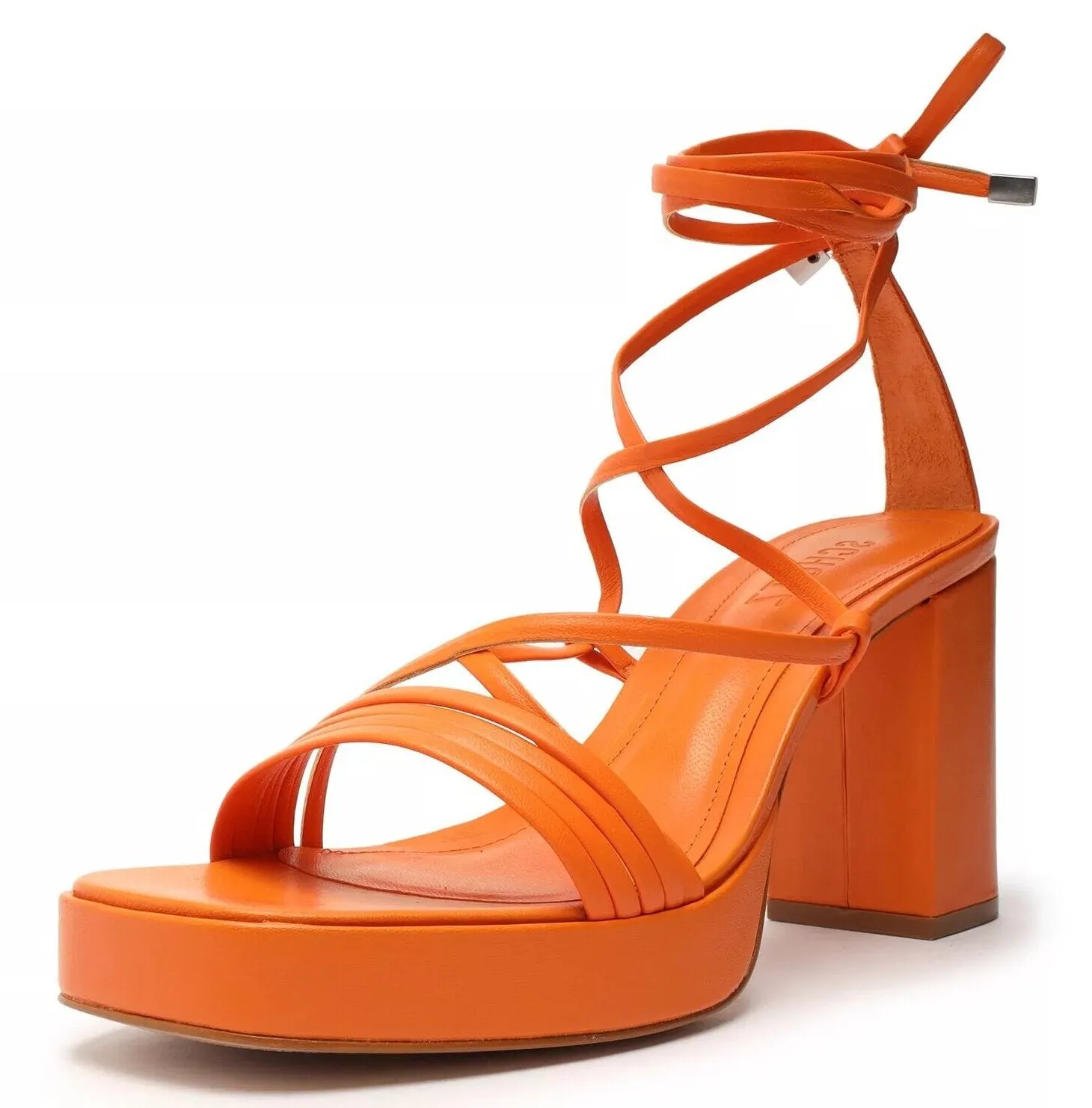 Schutz Glenna Bright Tangerine Tie Up Open Toe High Heel Platform Sandals