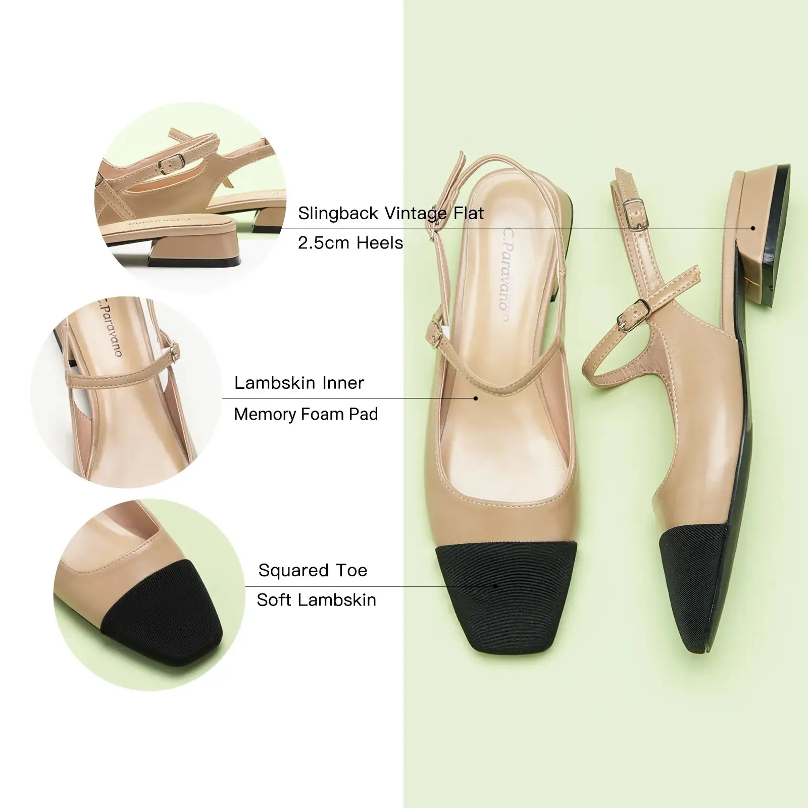 Squared Toe Slingback Flats