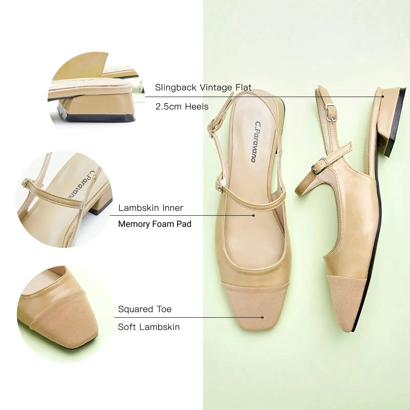 Squared Toe Slingback Flats