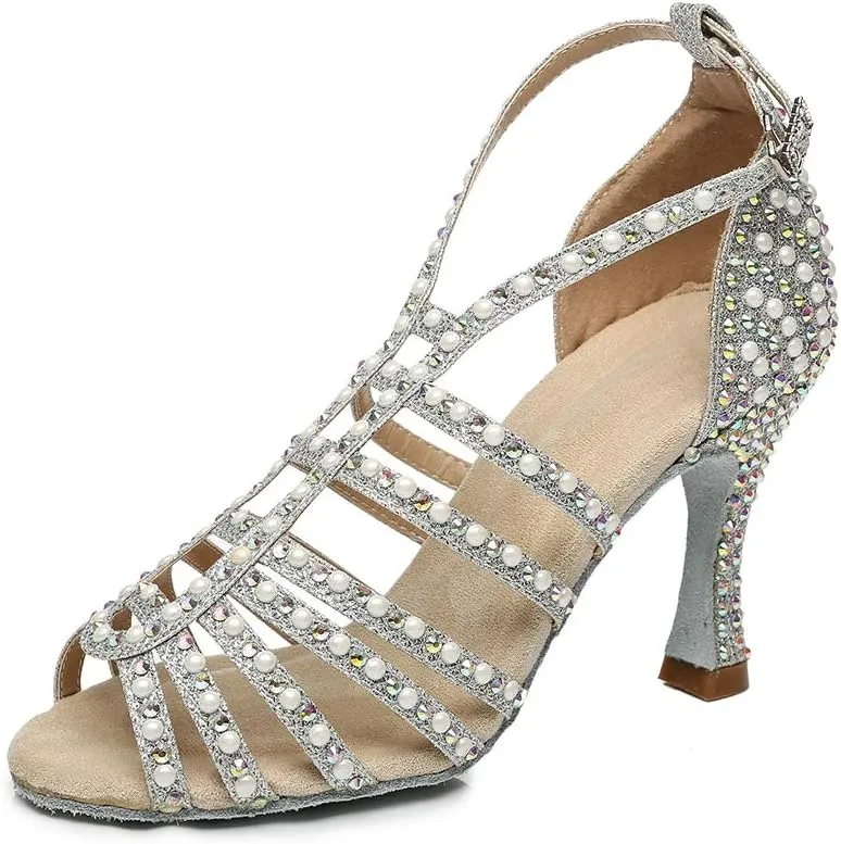 TINRYMX Women's Satin Heels Latin with Rhinestone Dance Shoes Salsa Party Wedding Dancing Shoes, YCL438