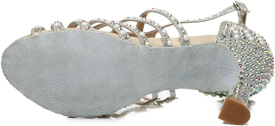 TINRYMX Women's Satin Heels Latin with Rhinestone Dance Shoes Salsa Party Wedding Dancing Shoes, YCL438