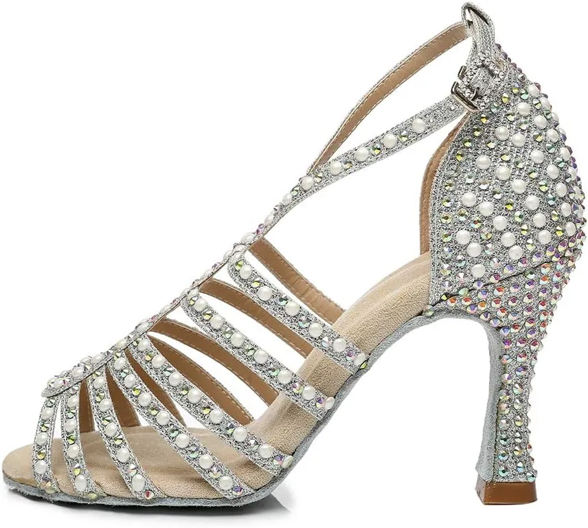 TINRYMX Women's Satin Heels Latin with Rhinestone Dance Shoes Salsa Party Wedding Dancing Shoes, YCL438