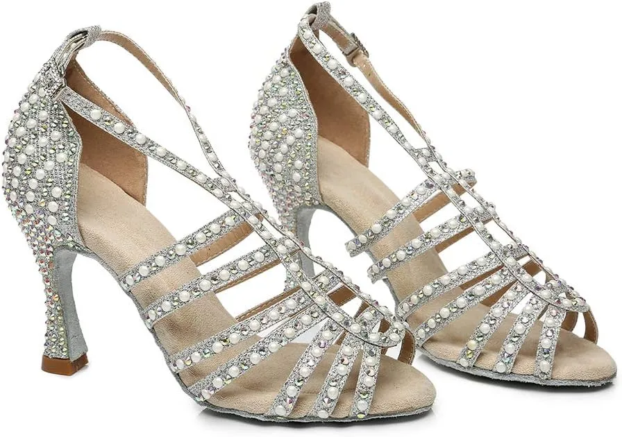 TINRYMX Women's Satin Heels Latin with Rhinestone Dance Shoes Salsa Party Wedding Dancing Shoes, YCL438